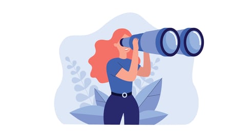A cartoon woman looks through a pair of binoculars.