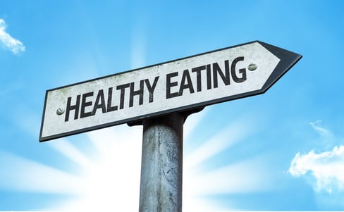Healthy Eating sign with a beautiful day