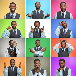 Man mood, behavior changes, swings. Collage young man expressing different emotions, showing facial expressions, feelings on colorful backgrounds. Human life perception, body language, gestures.