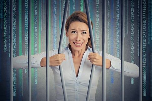 Stressed desperate angry businesswoman bending bars of her digital prison binary code cell. Life limitations, law violation infringement internet addiction consequences concept. Face expression