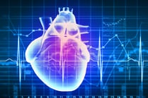 Virtual image of human heart with cardiogram