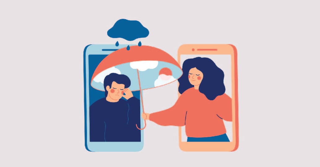 Person with umbrella helping sad person both in phones