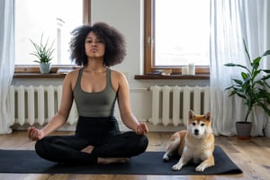 woman meditating with dog